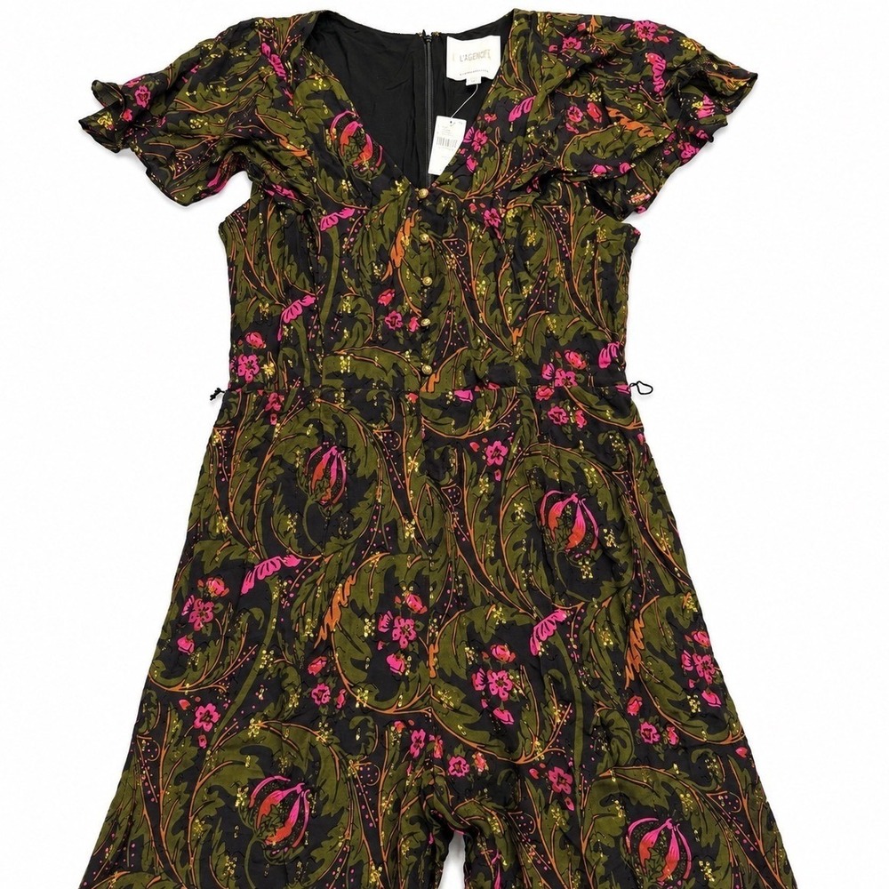 Anthropologie Ett Twa Floral Metallic Jumpsuit Wide Leg V-Neck Green Pink 14 NEW